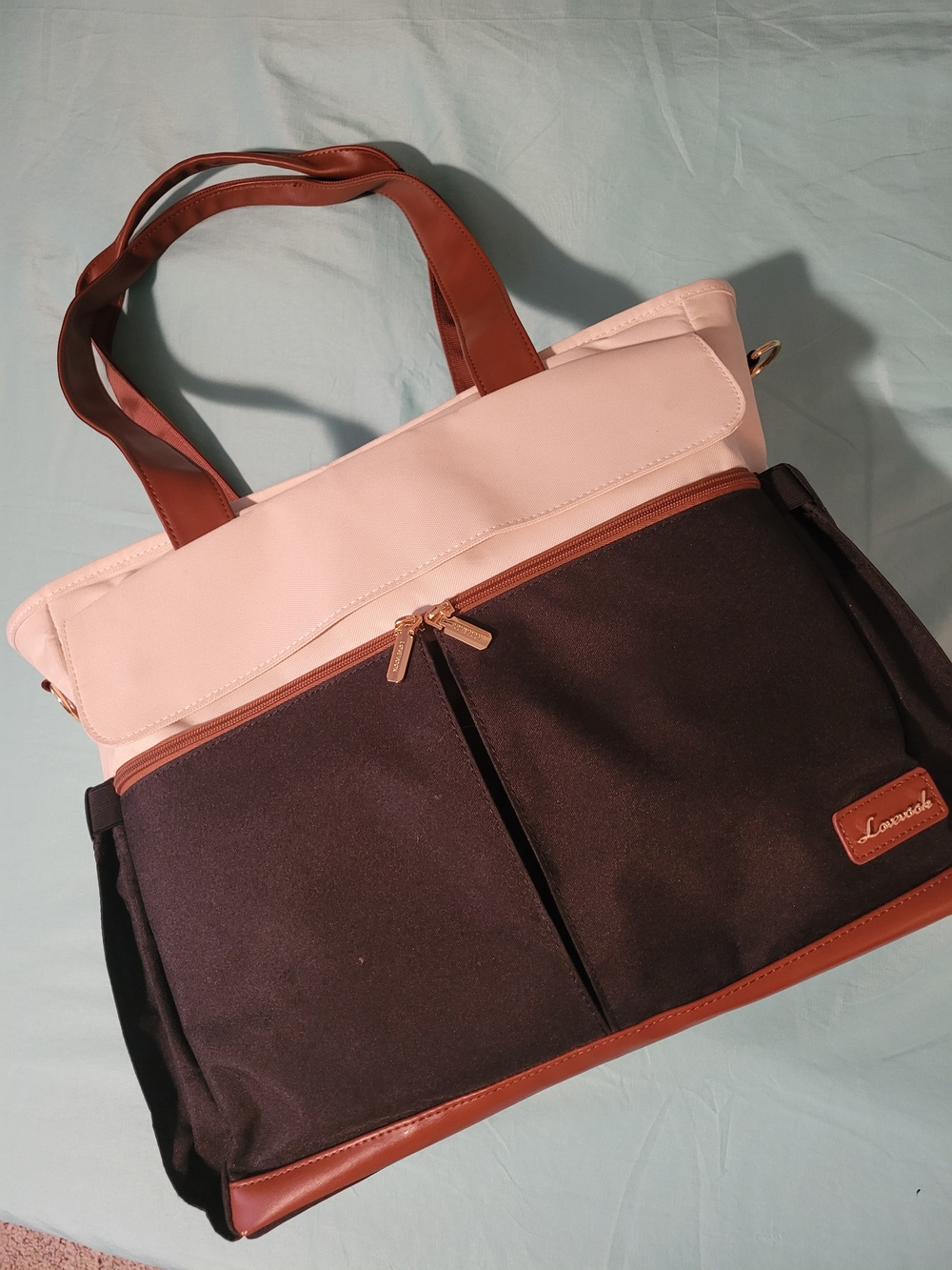 Lovesook Two-Tone Black & Cream Laptop Bag with Brown Trim
